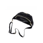 Fekete divatos női övtáska, belsejében cipzáros zsebbel.